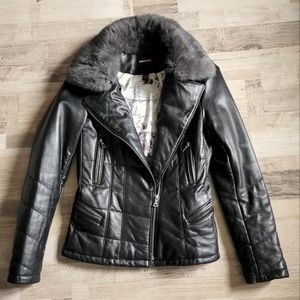 Danier Leather Jacket XXS Black with Rabbit Fur collar